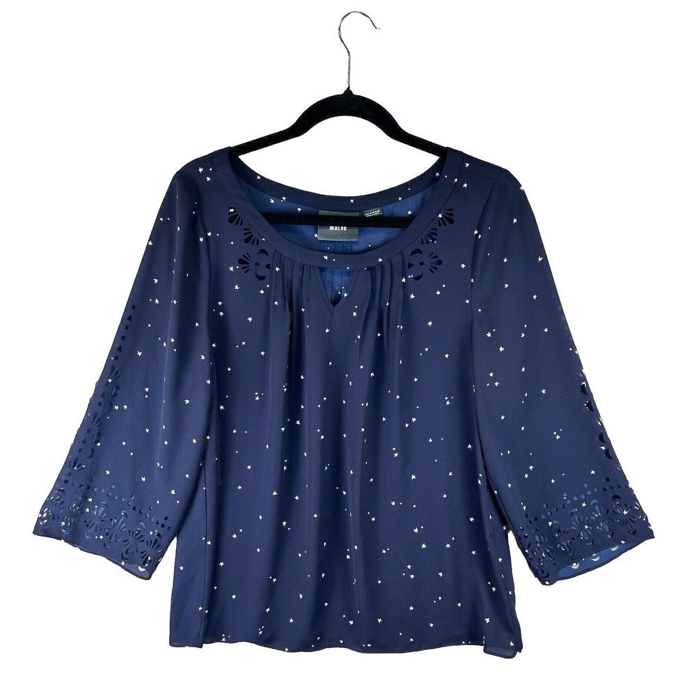Anthropologie‎ Maeve Teni Star Print Top Size US 6 Keyhole Navy Blue Sheer Scoop